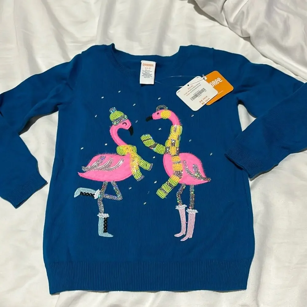 Gymboree S blue long sleeve sweather flamingo details bling sequined nwt perfect
